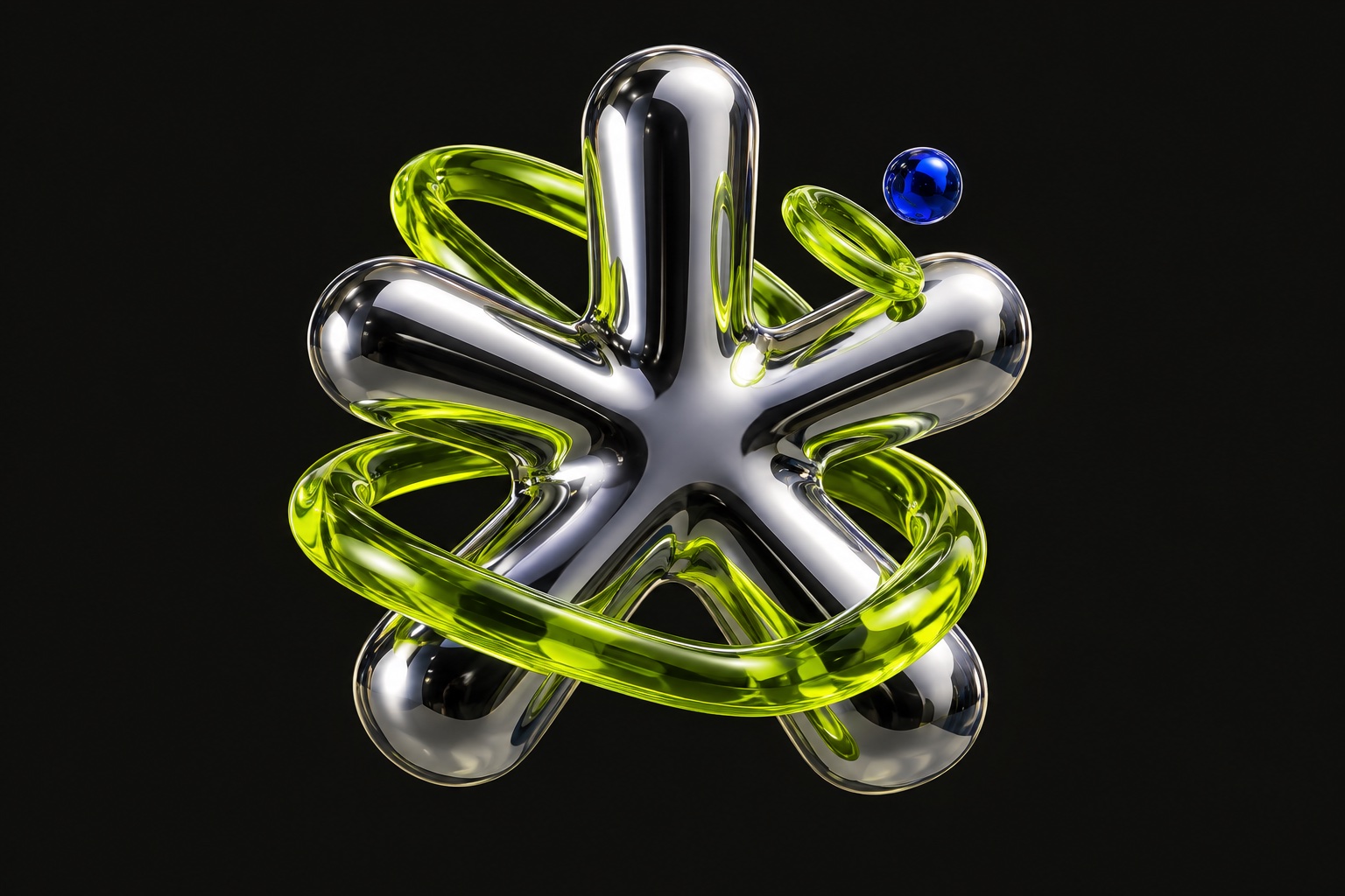 A sculptural chrome star with luminous lime rings and a blue sphere